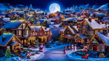 A snowbound square of illuminated alpine village high in snowy mountains at snowfall winter night. With no people festive. Christmas Village. Christmas Background