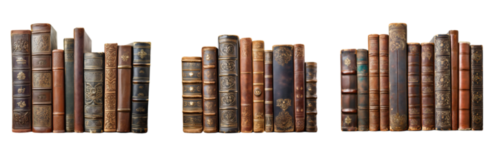 aged antique hard cover books isolated on transparent background