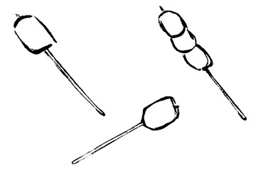 筆タッチのマシュマロ串のモノクロ線画イラスト
