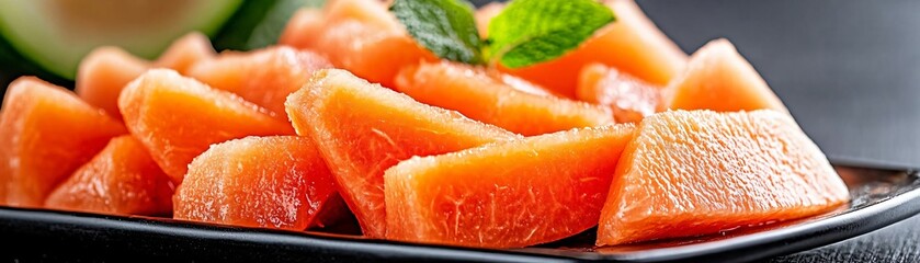 Freshly cut cantaloupe cubes served on a black plate, garnished with mint leaves, perfect for summer meals and healthy snacks.