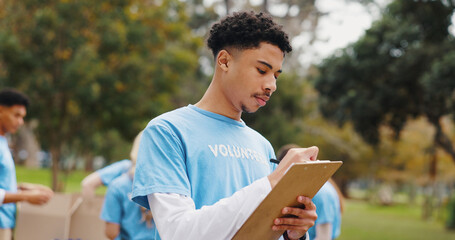 Checklist, volunteer and man in park planning schedule for sustainable green project at ngo....