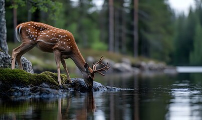 a deer drinks water from the river, Generative AI © simba kim