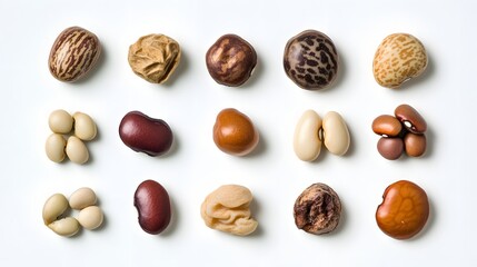 11. A collection of dried bean seeds isolated on a white backdrop