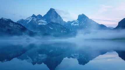 Fototapeta premium Misty mountain range with a calm lake reflecting the peaks at dawn, natural background, serene landscape