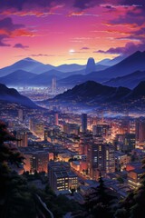 Cityscape at Sunset with Mountains