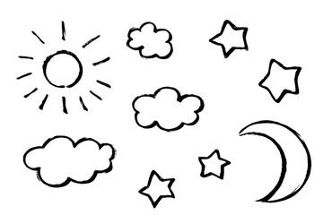 筆タッチの太陽と雲と月と星のモノクロ線画セット