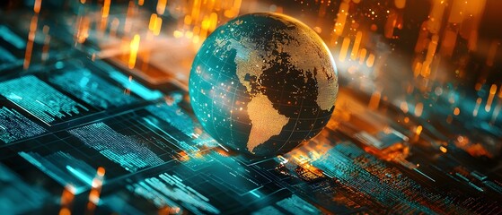 Fototapeta premium Abstract digital globe rendering surrounded by policy documents symbolizing the concept of global economic governance and international for financial strategy and decision making