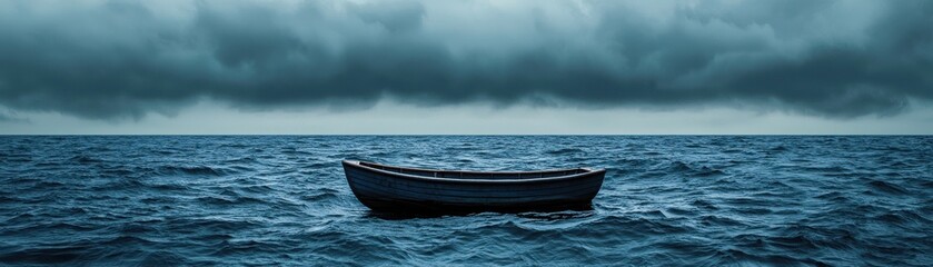 Naklejka premium A solitary boat floats on serene water beneath a moody sky, evoking feelings of calmness and introspection.