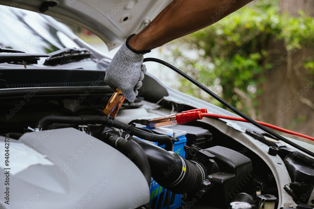 Wall mural person, inspector, car, mechanic, service, engine, problem, technician, examining, horizontal, inspe