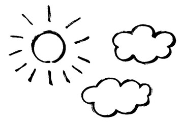 筆タッチの太陽と雲のモノクロ線画イラストセット