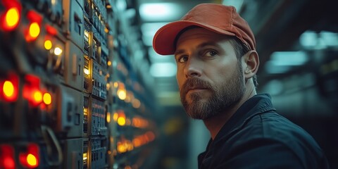 Professional Electrician at Work: Skilled Technician Repairing Electrical Distribution Panel with Cables. Labor Day Tribute to Essential Workers. Engineering Expertise in Action, Showcasing Safety and