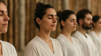 Group meditation practice conducted in a serene tranquil temple setting promoting collective spiritual a sense of communal harmony