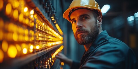 Professional Electrician at Work: Skilled Technician Repairing Electrical Distribution Panel with Cables. Labor Day Tribute to Essential Workers. Engineering Expertise in Action, Showcasing Safety and