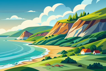 Obraz premium Beautiful Hills Beside Sea Beach vector illustration