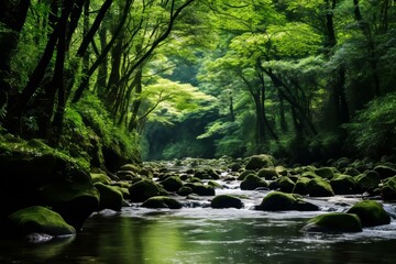 Naklejka premium Serene River Flowing Through Lush Forest