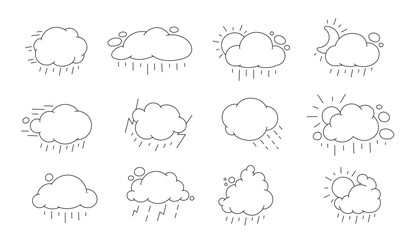 Bad weather rain and thunderstorms illustration. Set of meteorology icons. Vector editable outline stroke.