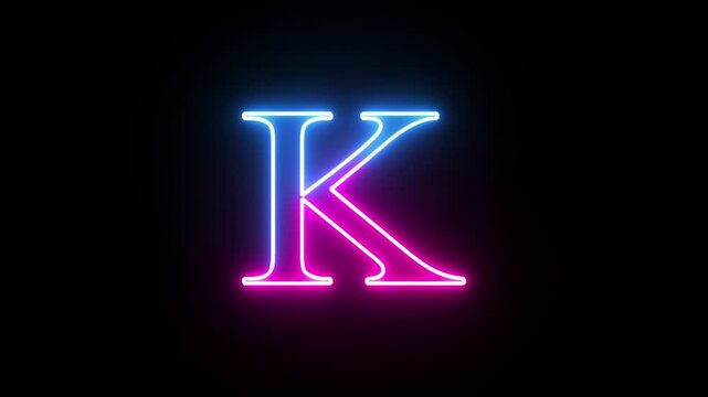 Glowing neon capital letter alphabet K animation. Purple and blue neon font letter "K" on black background. Educational concept