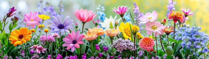 Vibrant flower garden with diverse spring blooms, colorful garden