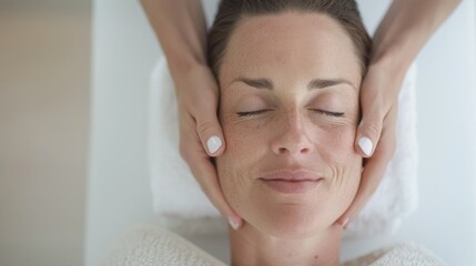 Naklejka premium Radiant woman with glowing complexion, soft-focus luxury spa lounge, receiving facial treatment.
