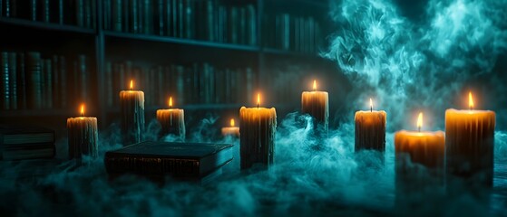 Haunted Gothic Library with Flickering Candles and Eerie Books Concept  photography of a mysterious atmospheric library with dark shadowy ambiance flickering candles and an array of antique