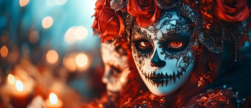 Haunting Masquerade Ball With Gothic Costumes and Masks for Spooky Halloween Dramatic and Atmospheric Scene With Glowing Candles Roses and Mysterious Figures in Macabre Makeup