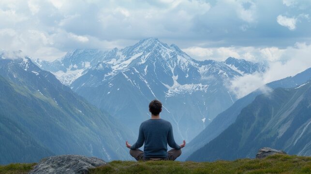 A person meditating in a peaceful natural setting with snow capped mountains in the background capturing the tranquility and spiritual connection found in the great outdoors