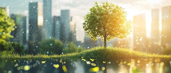 Sustainable cityscape with glowing tree in lush urban landscape during sunset  Concept of decarbonization environmental impact management and carbon neutrality