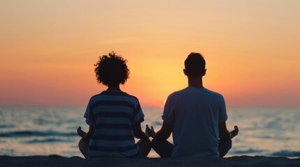 Couple Meditating Together on a Beach at Sunset Shared Relaxation and Focus Amidst Nature s Beauty  Serene and Tranquil Moment of Harmony Wellness and Spiritual Connection