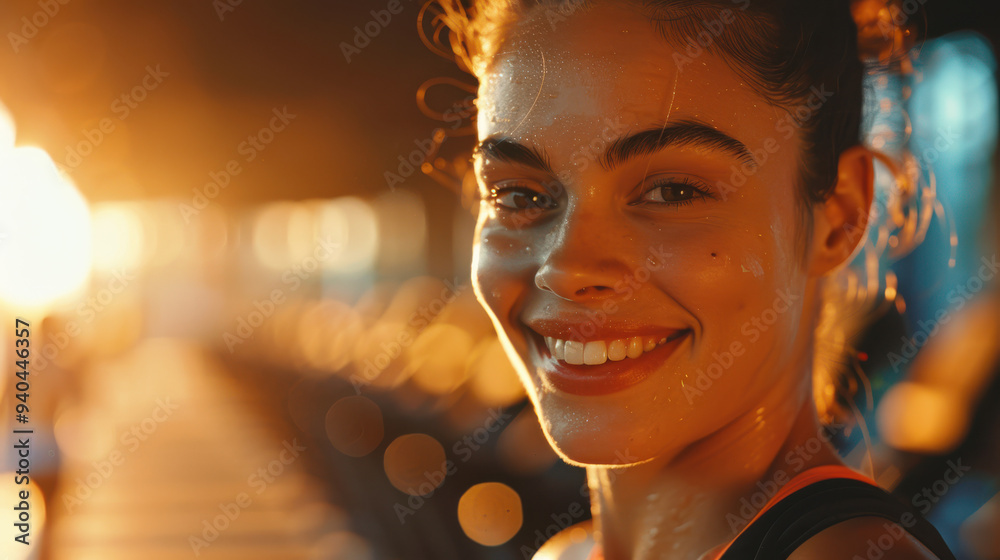 Wall mural close-up of a smiling woman running on a treadmill, her face illuminated by soft gym lighting, backg