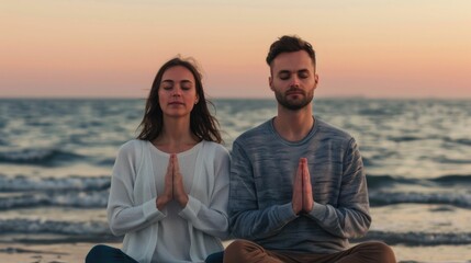 Fototapeta premium Couple Meditating Together on a Serene Beach at Sunset Enjoying a Moment of Shared Tranquility Relaxation and Spiritual Harmony