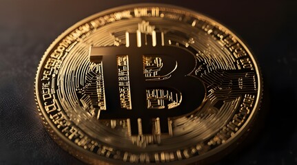 Bitcoin cryptocurrency coin on gold background. Cryptocurrency and finance concept.Glistening Bitcoins Amidst Golden Lights. generative.ai