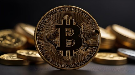 Bitcoin cryptocurrency coin on gold background. Cryptocurrency and finance concept.Glistening Bitcoins Amidst Golden Lights. generative.ai