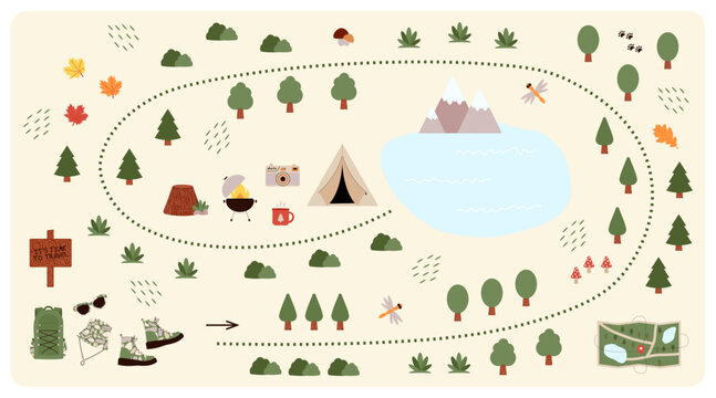 Camping and Hiking map creator. Set of flat elements for constructing kids camp activity. Nature plan with mountains, lake, trees and other icons for summer trip. Vector illustration
