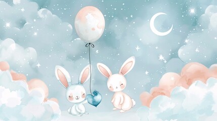 Obraz premium 2.Adorable cartoon bunnies, pastel blue and peach colors, heart-shaped balloons, fluffy clouds, crescent moon, stars, soft watercolor texture, baby nursery illustration, kawaii style, bunny holding