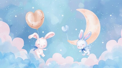 Obraz premium 5.Magical cartoon bunnies, pastel blue and peach colors, heart-shaped balloons, fluffy clouds, crescent moon, stars, soft watercolor texture, baby nursery illustration, kawaii style, bunny holding