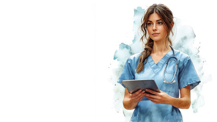 Blue watercolor painting of a nurse holding tablet, healthcare technology