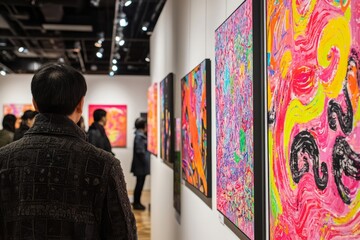 An art exhibit showcasing artworks from artists of various cultural backgrounds, with visitors from diverse backgrounds