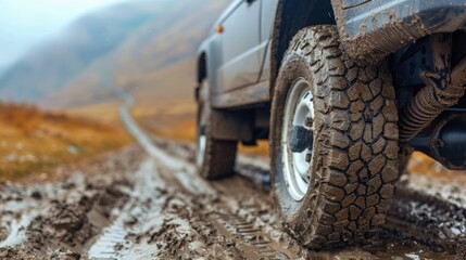 Off road vehicle navigating rugged mountain path during adventurous road trip exploring remote terrain with deep depth of field capturing the scenic and serene landscape of the wilderness