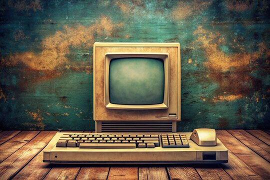 Retro-style illustration of a classic computer with a distressed, worn aesthetic, adorned with nostalgic icons and symbols reminiscent of early digital design.