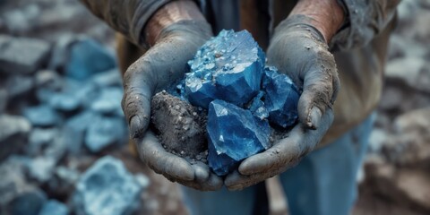 Pair hands holding large piece blue mineral are artisanal cobalt