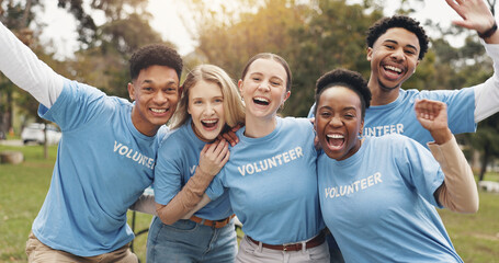 Happy, volunteer and portrait of people in park for charity event, community service and teamwork....