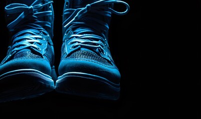 Close up view of levitation blue sneakers shoes with flying laces over black background with copy space for text. 