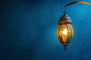 Obraz premium Ramadan background Vintage lantern lamp with crescent moon isolated on blue colour background with copy space for greeting text, 2024 Islamic festival photography, ai