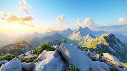 Rocky mountain terrain at sunset with dramatic lighting, Mountain sunset, Rugged beauty