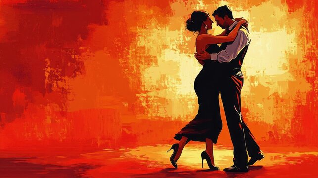 Couple passionately dancing tango on red and yellow glowing background. World Tango Day. Flat illustration. Horizontal banner. Free space for text. International Dance Day - Powered by Adobe