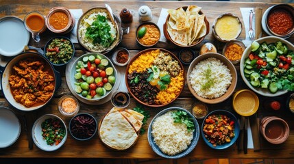 A table filled with food from diverse cultures. A culinary adventure.