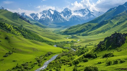 Obraz premium Lush green valley with a winding river and distant snow-capped mountains, natural background, idyllic scenery