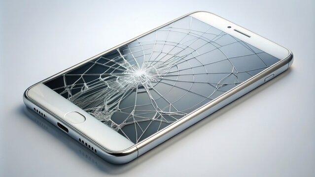 Shattered glass screen of a sleek, silver smartphone with spider web cracks, damaged and worn, placed on a clean, white background, highlighting the destruction.