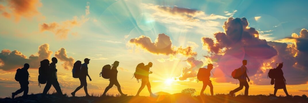 International Migrants Day. Silhouettes of walking migrants with bags and backpacks at sunset. Horizontal banner. Copy space. Problems of wars and poverty. Immigration concept