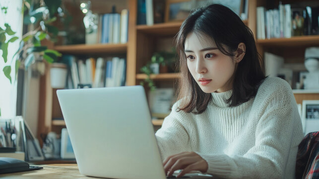 Young Japanese woman hard working in front of a laptop computer in her home office